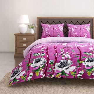 Swayam 144 TC Pure Cotton Purple and White Floral Printed Double Bed Sheet With 2 Matching Pillow Covers