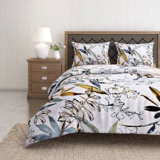 Swayam 144 TC Pure Cotton White and Olive Floral Printed Bed Sheet With 2 Matching Pillow Covers