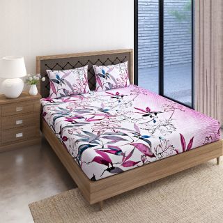 Swayam 144 TC Pure Cotton White and Magenta Floral Printed Bed Sheet With 2 Matching Pillow Covers