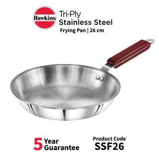 Hawkins Triply 3 mm Extra-Thick Stainless Steel Frying Pan 26 cm without Lid, Silver (SSF26)