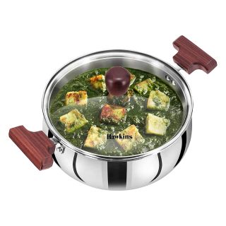 Hawkins TriPly Stainless Steel Induction Base Cook n Serve Handi with Glass Lid, 22 cm, 3 Litre