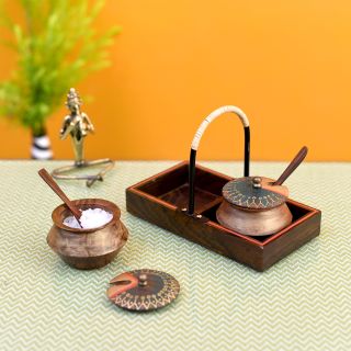 Wooden Handi Set with Stylish Metal Handle Tray (7.5x4x5.2)