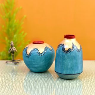 Turquoise Blue Golden Glaze Vase Set of 2 (6x5/6.5x4 Dia)