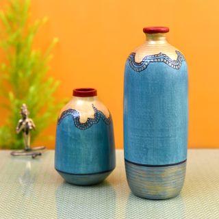 Turquoise Blue Golden Glaze Vase Set of 2 (10.5x4/6.5x4 Dia)