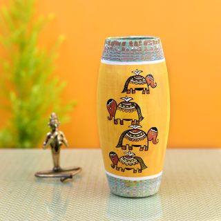 Happy Elephant Scratched Yellow Vase (4x4x9)