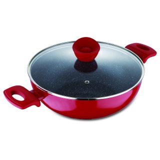 Bergner Bellini+ Pressed Aluminium Non-Stick Kadhai with Glass Lid, 24 cm, 3.6 Liters, Induction Base, Red