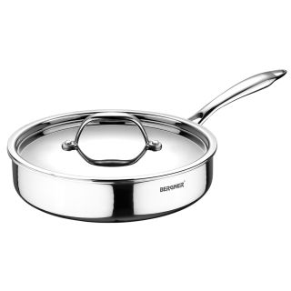 Bergner Argent Triply Stainless Steel Sautepan with Stainless Steel Lid, 22 cm, 1.8 Litres, Induction Base, Silver