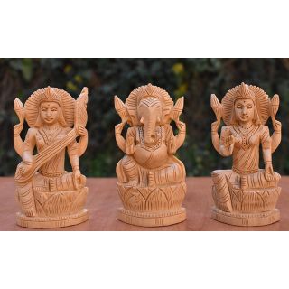 Wooden Handicraft  Decorative - Wooden Ganesh Laxmi Saraswati Sitting Super Fine 