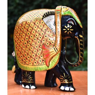 Wooden Handicraft  Decorative Wooden Elephant T.D Carved Painted Black Gold 