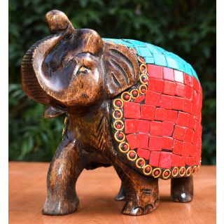 Wooden Handicraft  Decorative Elephant Trunk Up with Beautiful Stones 