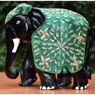 Wooden Handicraft  Decorative Wooden Elephant Painted Green with Thandi Lac Blue Work