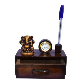 Wooden Handicraft  Decorative Pen Stand with Drawer with Mounted Clock and Ganesh 