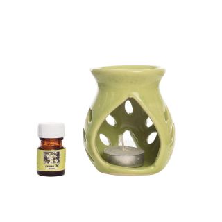 eCraftIndia Green Aroma Burner Set with Jasmine Aroma Oil and 4 Tea Light Candles (FR1D4TL1AOL_GR)