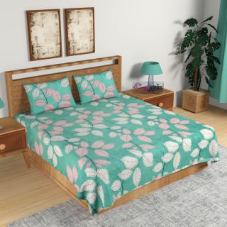 eCraftIndia 140 TC Glace Cotton Double Bed Green and Pink Leafs Design Bedsheet (90 In x 100 In) with 2 pillow cover (HFDBD644)