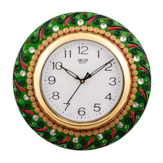 eCraftIndia Splendid Green Color Embossed Papier-Mache Wooden Handcrafted Wall Clock (KWC523)