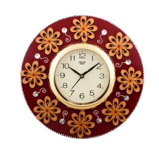 eCraftIndia Golden Flowers Fine Crafted Papier-Mache Wooden Handcrafted Wall Clock (KWC527)