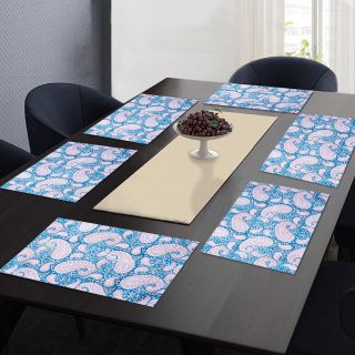 RatanCart Floral Printed Washable Table Placemat, Set of 6, 13"x19", Blue  (TPM0001)