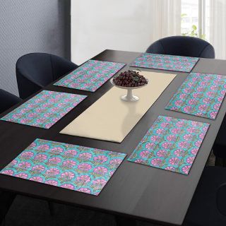RatanCart Floral Printed Washable Table Placemat, Set of 6, 13"x19", Sea Green (TPM0019)