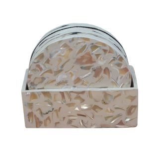 Mother Of Pearl White Wooden Round Coasters Set Of 6